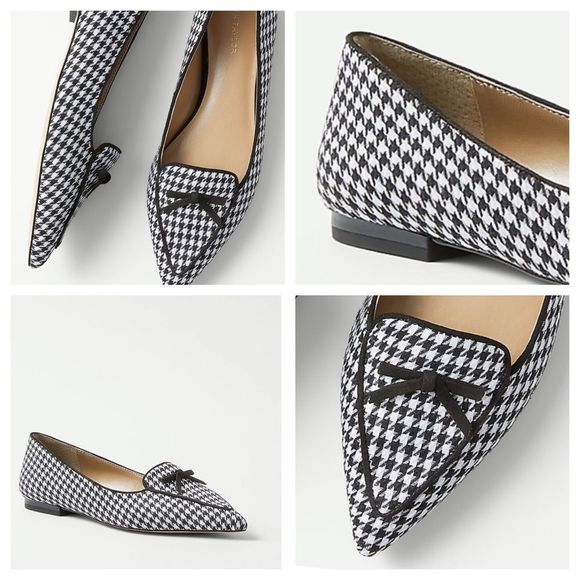Ann Taylor Size 5 Houndstooth Black White Bow Pointy Loafer Flats - Picture 1 of 5